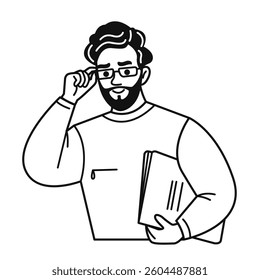 A serious man with a beard and glasses. A male doodle character with a folder in his hands. Vector black and white illustration in linear style