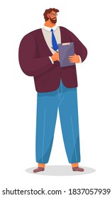 Serious man, chief, bearded businessman dressed formally standing at full height with a clip board in hand on white. Businessperson director, male character in formal clothes office worker or boss