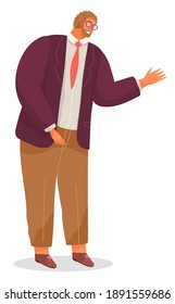 Serious man, chief, bearded businessman dressed formally standing at full height raised bent arm on white. Businessperson director, male character in glasses in formal clothes office worker or boss