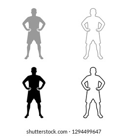 Serious man holding hands on belt confidence concept silhouette manager business icon set grey black color vector illustration outline flat style simple image