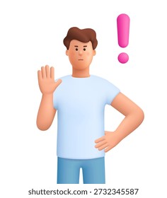 Serious man James raising her hand in a stop gesture with a pink exclamation mark. Warning, alert, refusal and attention concept. 3d vector people character. Cartoon minimal style.