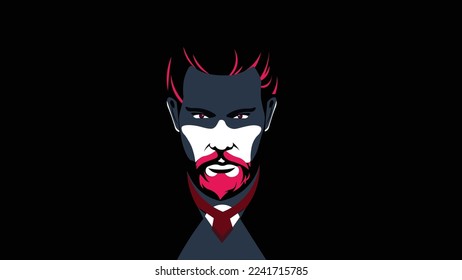 Serious man looking at his devils eyes.Flat vector graphic.
