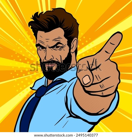 Serious man pointing at you with his finger on rays background, comic pop art vector illustration
