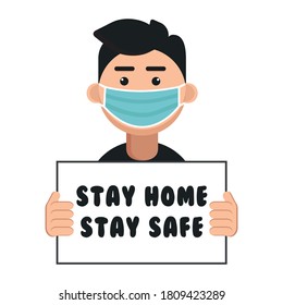 Serious man in protective mask,  with text Stay at home due to coronavirus outbreak. Covid-19, Stay home social media campaign