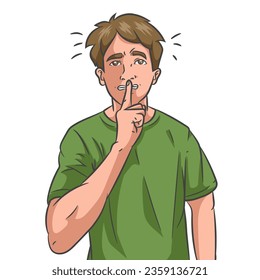 Serious man raising up index finger near lips, keeping secret