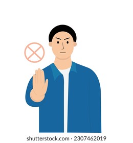 Hombre serio diciendo No detenerse signo con ilustración de fondo blanco vector diseño plano