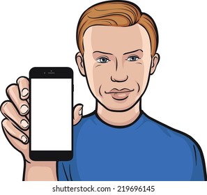 serious man showing a mobile app on a smart phone