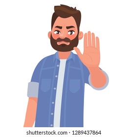 Serious man shows stop gesture. Vector illustration in cartoon style