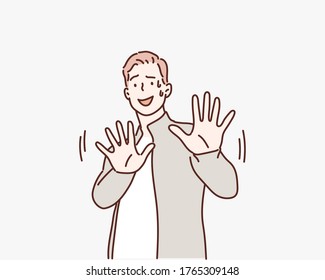 Serious man shows stop gesture. Hand drawn style vector design illustrations.