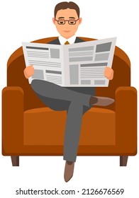 Serious man sits in chair and reads newspaper. Lifestyle of busy people concept. Rest and relax of successful male character with news. Adult businessman in armchair with newspaper in his hands