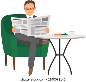 Serious man sits in chair and reads newspaper. Rest and relax of successful person in cozy room. Adult businessman in armchair with newspaper. Interior design of modern living room of house or hotel