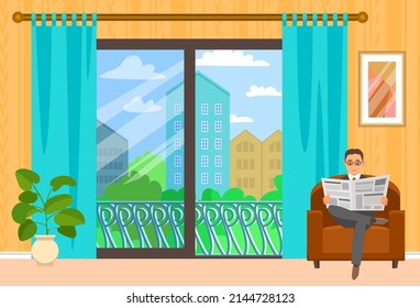 Serious man sits in chair and reads newspaper. Rest and relax of successful person in cozy room. Adult businessman in armchair with newspaper. Interior design of modern living room of house or hotel