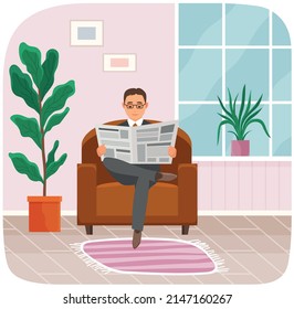 Serious man sits in chair and reads newspaper. Rest and relax of successful person in cozy room. Adult businessman in armchair with newspaper. Interior design of modern living room of house or hotel