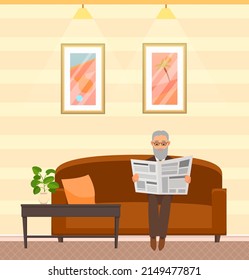 Serious man sits in chair and reads newspaper. Rest and relax of successful person in cozy room. Adult businessman in armchair with newspaper. Interior design of modern living room of house or hotel