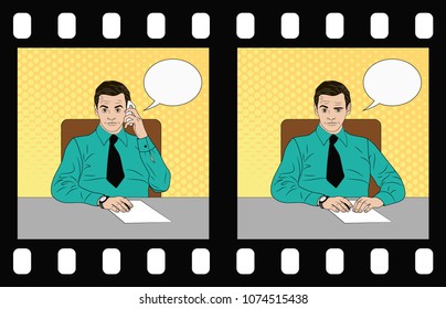 Serious man sitting in a chair and talking on the phone. Speech bubble. Cine-film. Vector illustration.