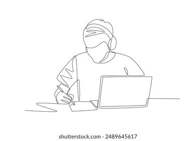 Serious man while studying online. Online education concept one-line drawing