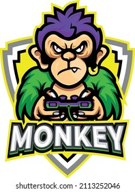 Serious monkey playing game, holding console in his hand. 3D Illustration.