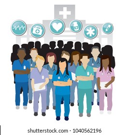 Serious Nurse Group Team Work  In Front Of An Hospital Building Concept With Icons