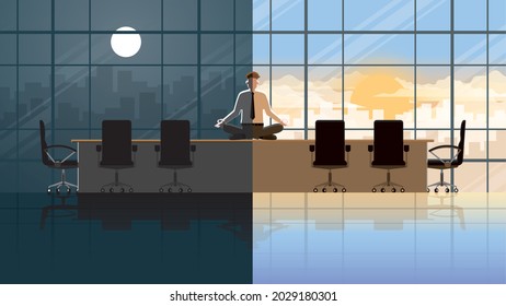 Serious office people in the morning day and night. Peaceful mind businessman sitting cross-legged on a table in a conference room. Meditation and Mindfulness to reduce stress from hard work.
