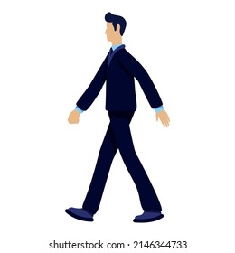 Trabajador de oficina serio con traje oscuro de color semiplano de carácter vector. Figura de caminata. Persona de cuerpo entero sobre blanco. Ilustración simple de estilo de dibujos animados para diseño gráfico web y animación