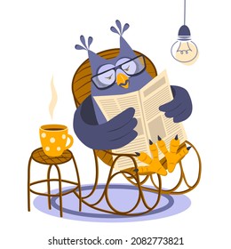 Serious owl with glasses is sitting in a rocking chair and reading a newspaper. There is a mug of coffee on a stool nearby. Cartoon vector illustration, isolated on white background