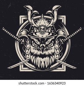 Serious owl head in samurai helmet with crossed swords in vintage monochrome style isolated vector illustration