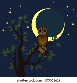Serious owl on the tree in the night. Vector illustration. Cartoon style.