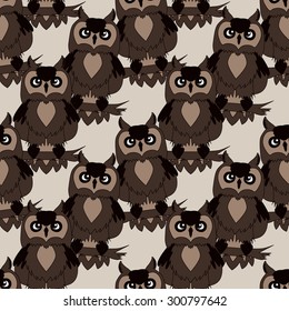 Serious owl seamless pattern. Cartoon style bird.