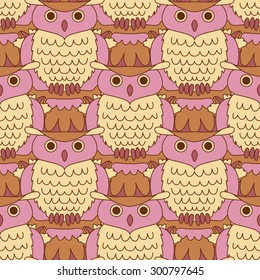 Serious owl seamless pattern. Cartoon style bird.