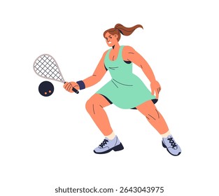 Jogador sério de tênis de padel está alcançando a bola de rebatida com raquete. Atleto concentrado joga squash no tribunal. Mulher com competições de raquete no jogo de esportes. Ilustração de vetor isolado plano em branco