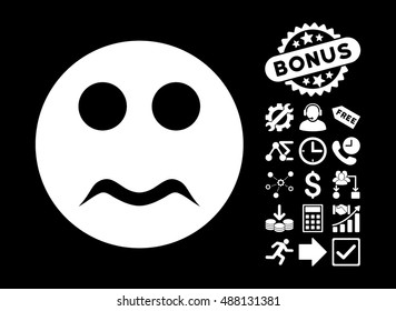Serious pictograph with bonus design elements. Vector illustration style is flat iconic symbols, white color, black background.