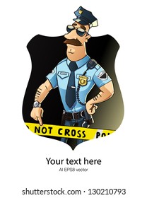 Serious police officer on the job. Simple and clear banner design. illustration in a police badge frame