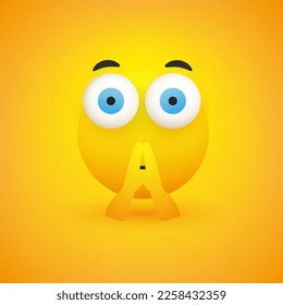 Serious, Pondering, Thoughtful Emoji with Praying Hands - Emoticon with Open Eyes on Yellow Background - Vector Design Illustration for Web and Instant Messaging