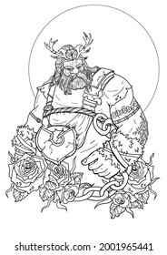 Serious powerful dwarf warrior with horns and chains, strong man with large hands and tattoos, northern viking in light armor and fur, with a mustache and beard, on the background big moon and roses.