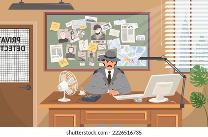 Serious private detective at office workspace vector. Cartoon investigator sitting at table desk illustration. Searching evidences concept