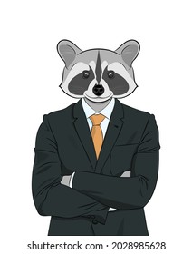 A serious raccoon - a businessman in a business suit: shirt, jacket and tie, stands with folded hands. Vector illustration