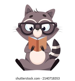 Serious racoon reading book cartoon vector illustration. Annoyed mammal in glasses holding textbook, studying, gaining knowledge. Wildlife animal, education, learning concept