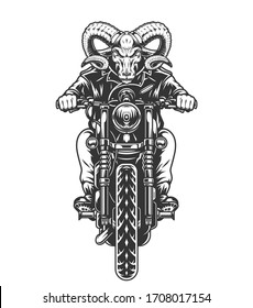 Serious ram head biker riding motorcycle in vintage style isolated vector illustration