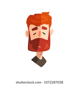 Serious redhead bearded man with closed eyes, male emotional face, avatar with facial expression vector Illustration on a white background