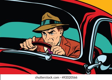 Serious retro man driving a car, pop art vector illustration