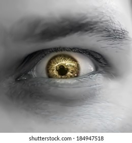 Serious sad and angry looking man with yellow eye. Vector