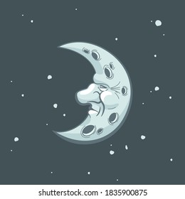 Serious sinister face of the moon against the background of the night sky. Anthropomorphic evil moon in cartoon style. Boho chic tattoo, poster, altar veil, tapestry or fabric print design vector