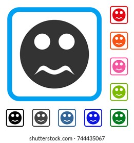 Serious Smiley icon. Flat grey pictogram symbol inside a blue rounded square. Black, gray, green, blue, red, orange color additional versions of Serious Smiley vector.