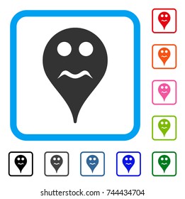 Serious Smiley Map Marker icon. Flat gray iconic symbol in a blue rounded rectangle. Black, gray, green, blue, red, orange color additional versions of Serious Smiley Map Marker vector.
