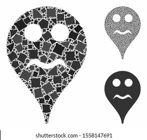 Serious smiley map marker mosaic of uneven elements in different sizes and color tinges, based on serious smiley map marker icon. Vector bumpy elements are composed into mosaic.