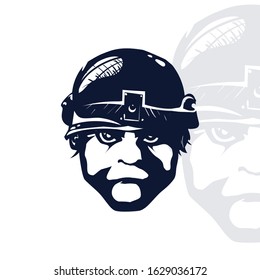 Serious Soldier Head. One Color Illustration, Vector Logo. Professional business, corporate identity icon.