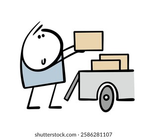 Serious stickman loads things into the back of  truck. Vector illustration of  courier delivering parcels. Car delivery service. Isolated character on white background.