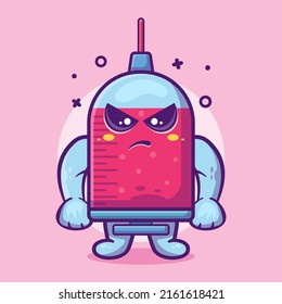 serious syringe character mascot with angry expression isolated cartoon in flat style design