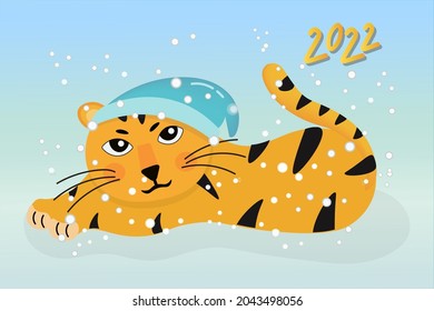 Serious tiger cub in a New Year's hat. Symbol of 2022. Cute character in the snow. Vector illustration on a blue background for congratulations, invitations, postcards, children's parties.