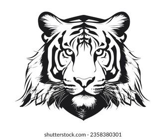 A serious tiger head,black and white vector illustration